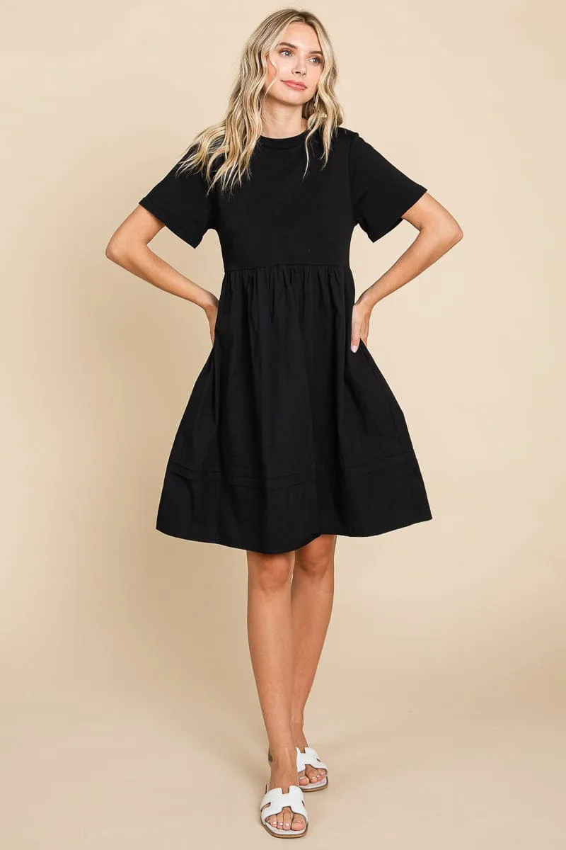 Tiered Short Sleeve Cotton Pleated T shirt Dress