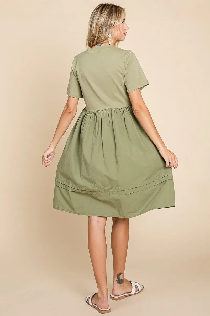 Tiered Short Sleeve Cotton Pleated T shirt Dress