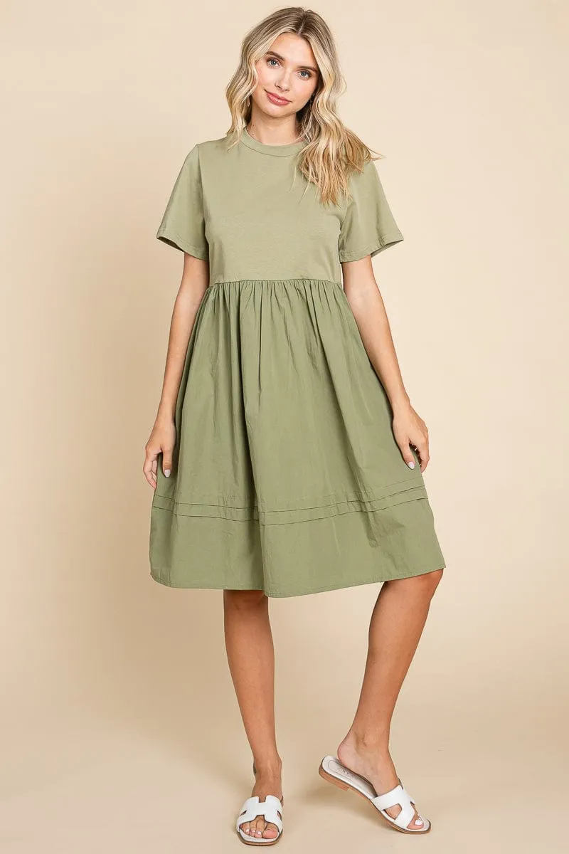 Tiered Short Sleeve Cotton Pleated T shirt Dress