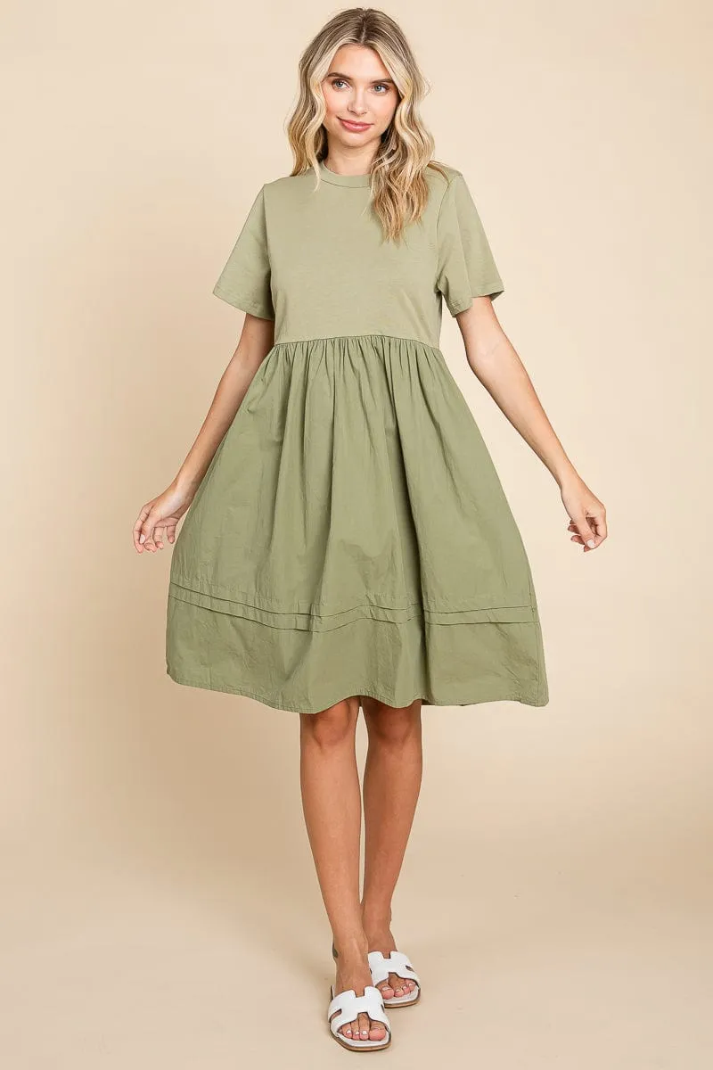 Tiered Short Sleeve Cotton Pleated T shirt Dress