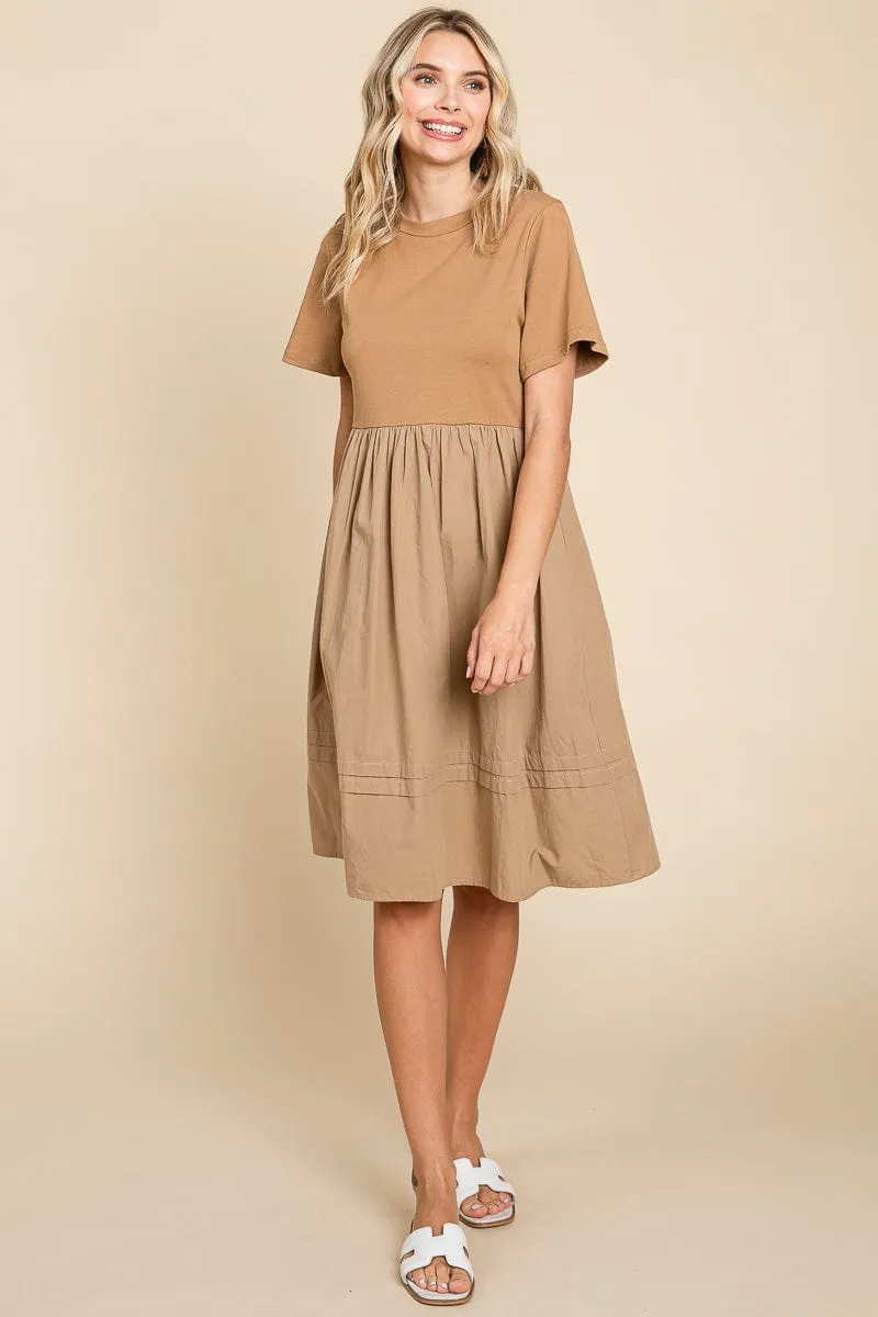 Tiered Short Sleeve Cotton Pleated T shirt Dress