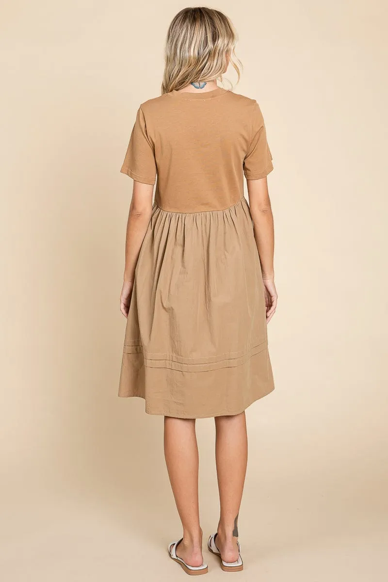 Tiered Short Sleeve Cotton Pleated T shirt Dress