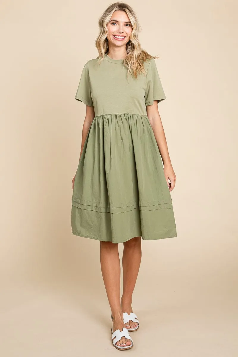 Tiered Short Sleeve Cotton Pleated T shirt Dress