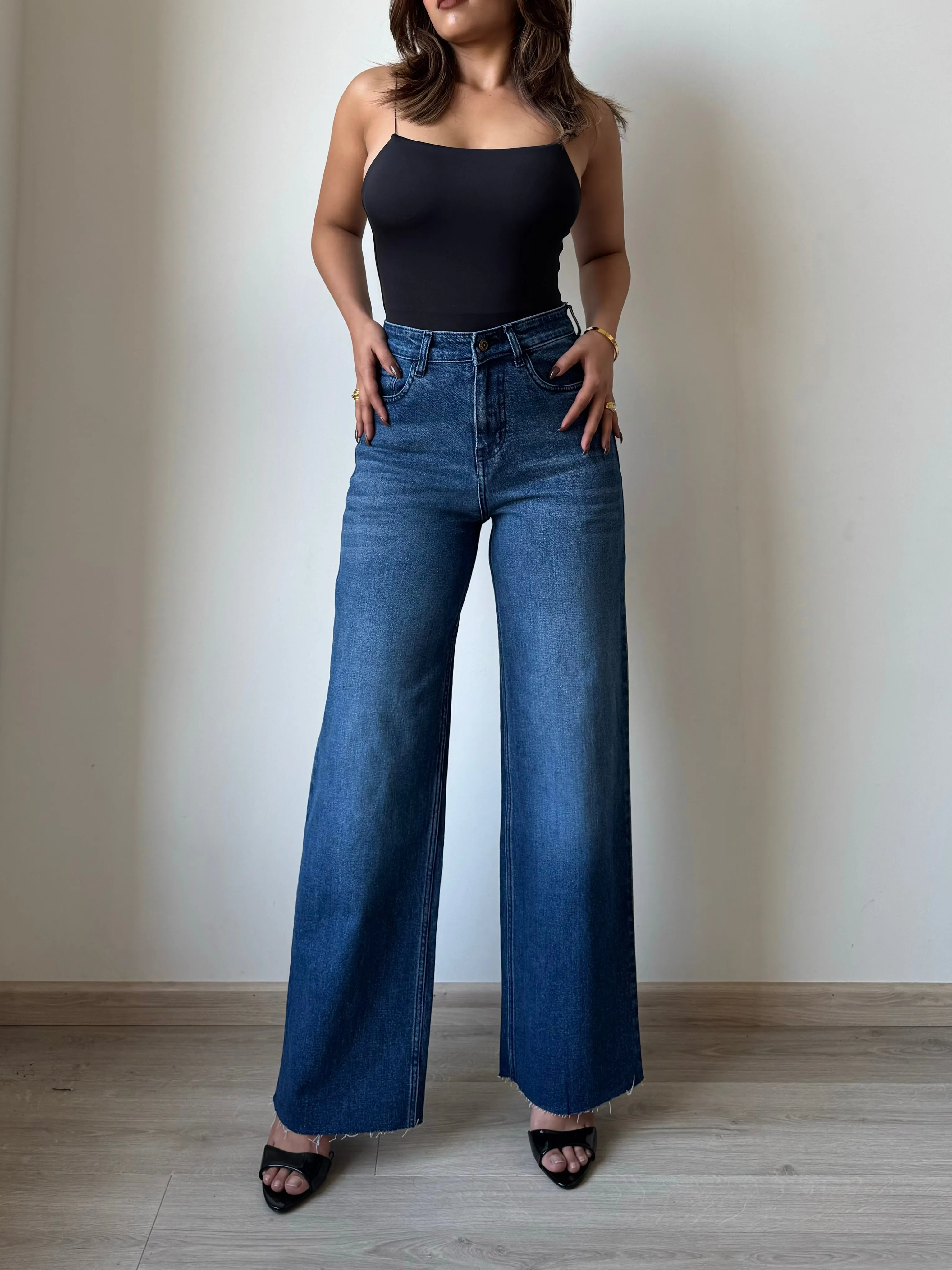 Twilight Blue Raw Hem Wide Leg Jeans