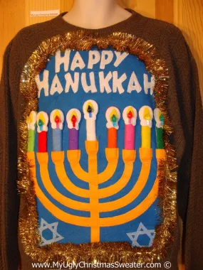 Ugly Christmas Sweater Party Hanukkah Sweater Mens with Menorah (j258)