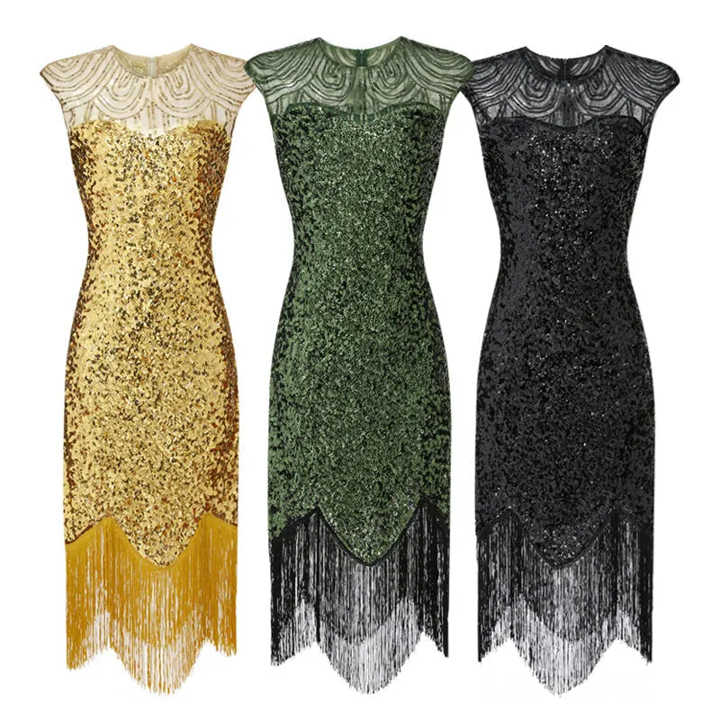 Vintage 1920s sequins tassels evening gowns party dress | Sexy elegant sleevesless midi dress dancewear dress