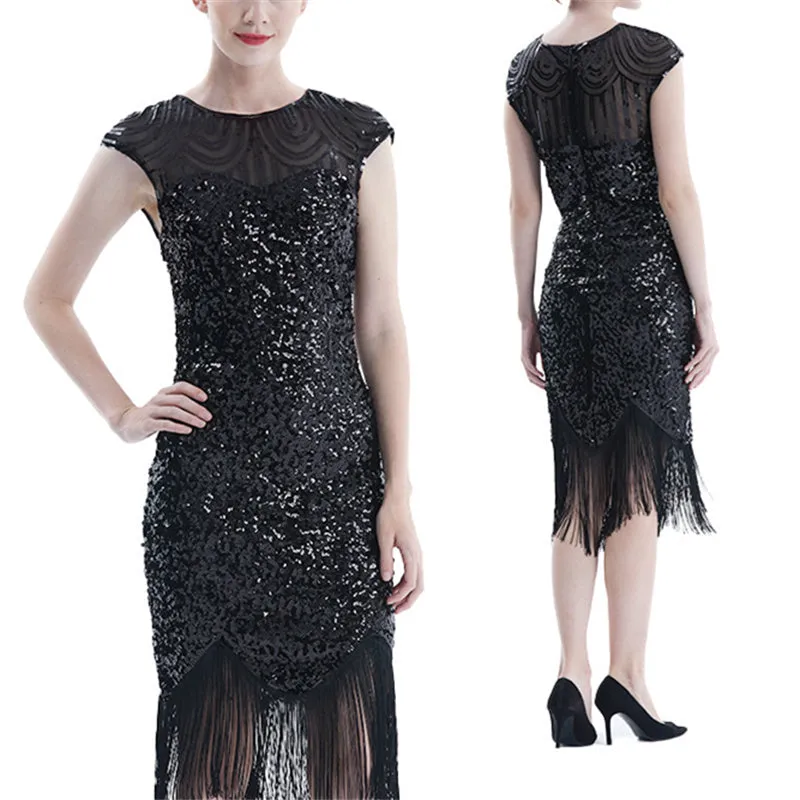 Vintage 1920s sequins tassels evening gowns party dress | Sexy elegant sleevesless midi dress dancewear dress