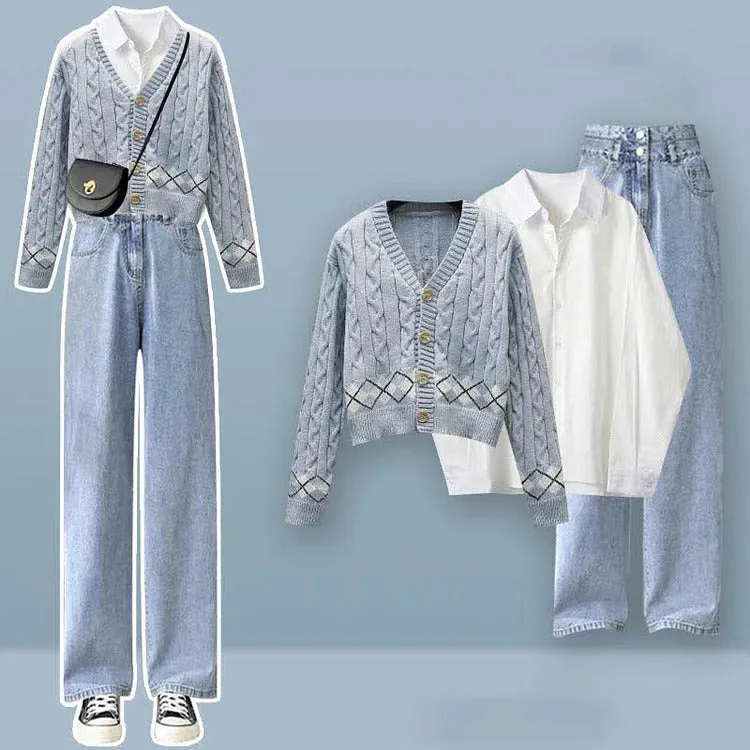 Vintage Rhombus Cardigan Sweater Shirt Denim Pants Three Piece Set