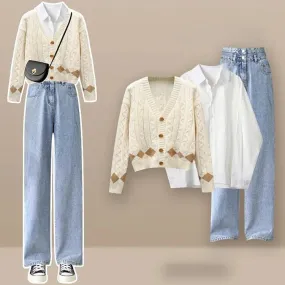 Vintage Rhombus Cardigan Sweater Shirt Denim Pants Three Piece Set