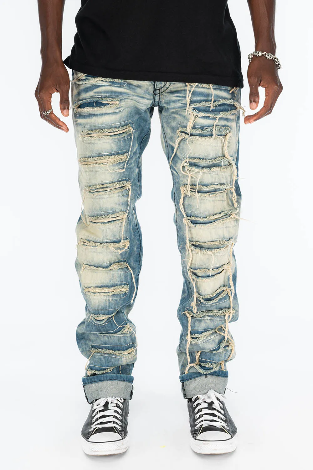 VINTAGE RIPPED,DISTRESSED & REPAIRED JEANS WITH BACK POCKET CRYSTALS IN OMAHA WASH