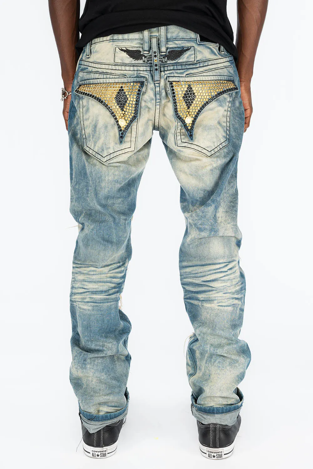 VINTAGE RIPPED,DISTRESSED & REPAIRED JEANS WITH BACK POCKET CRYSTALS IN OMAHA WASH