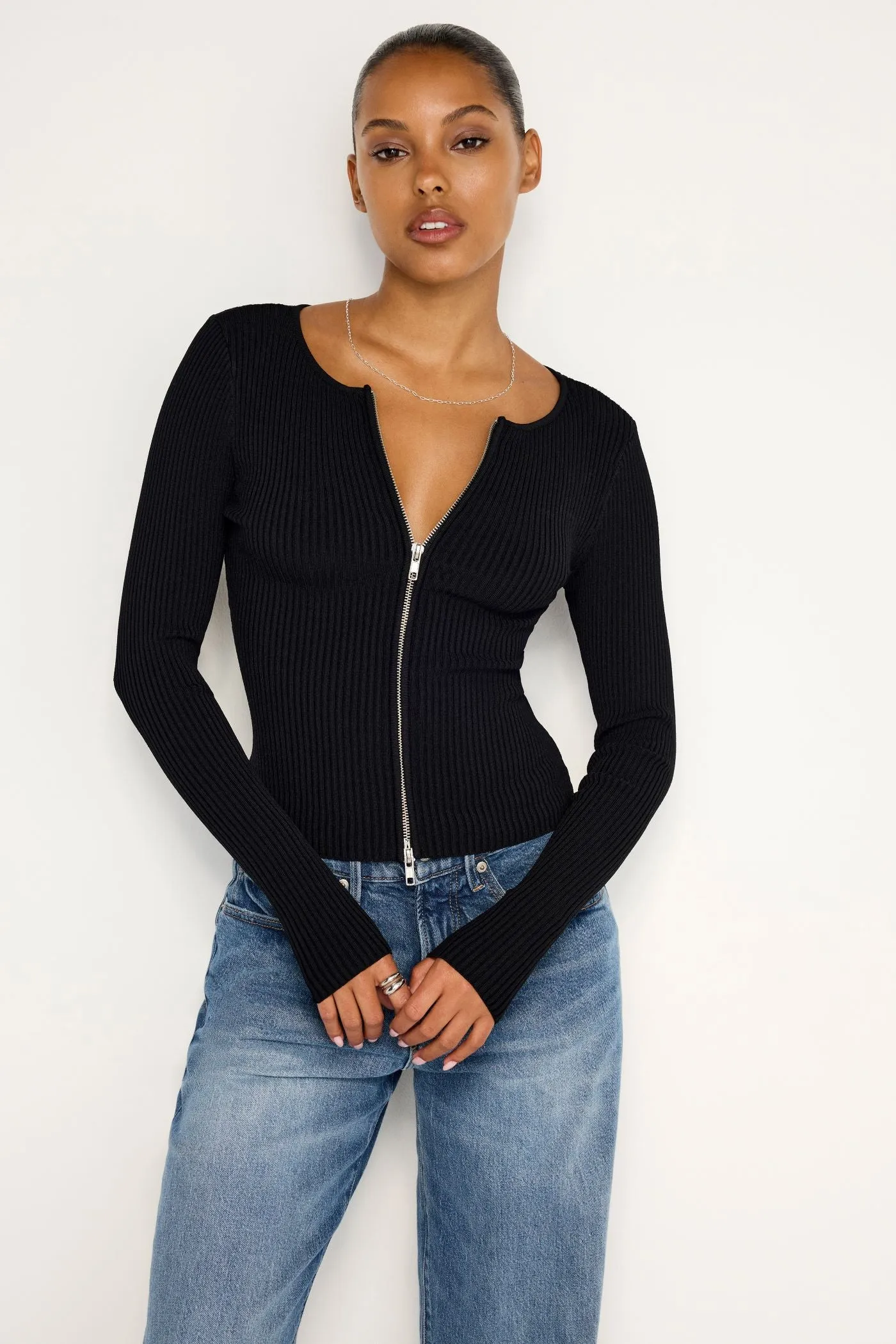 Virgo Rib Zip Front Sweater Black