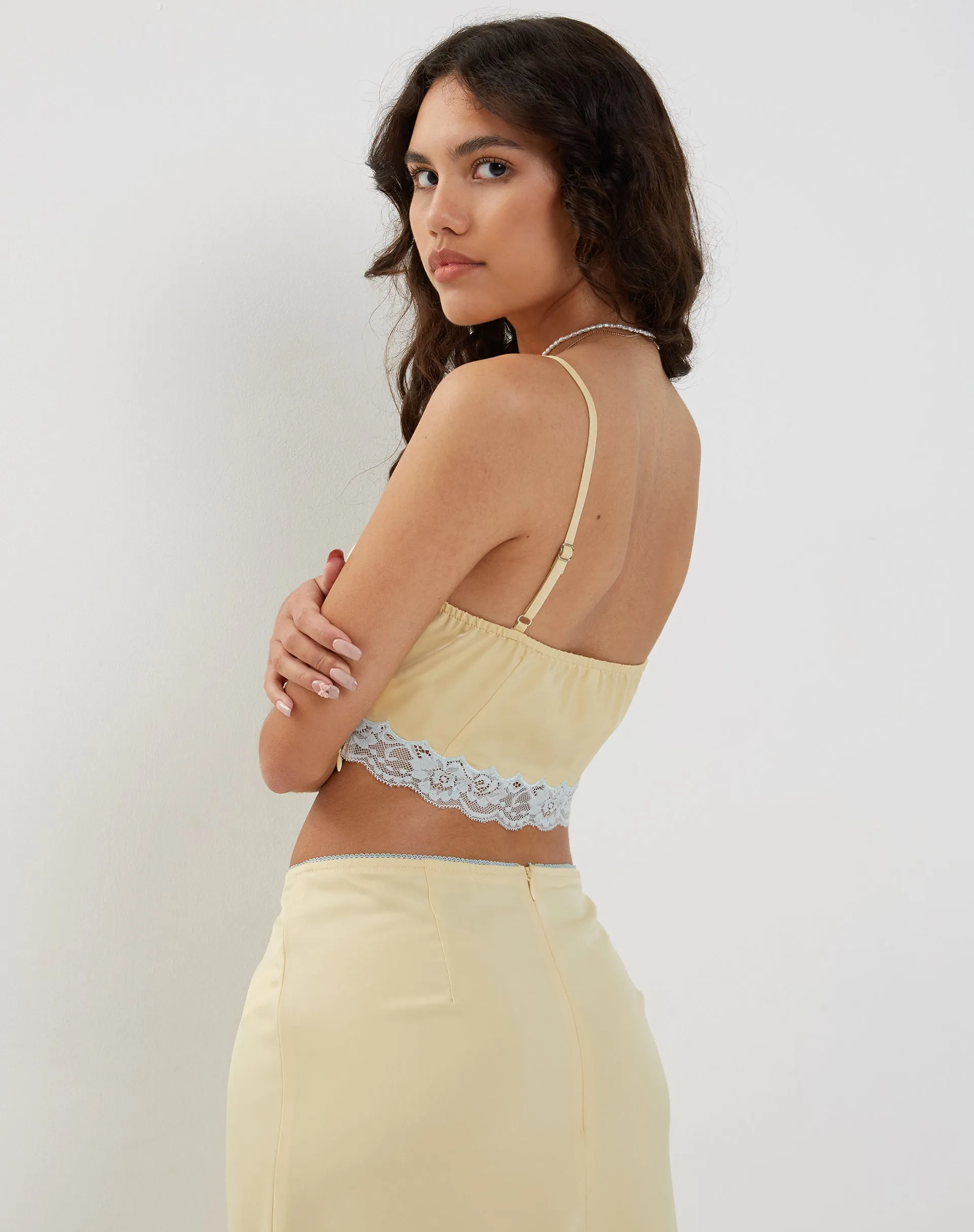 Virni Cami Crop Top in Pale Yellow Satin