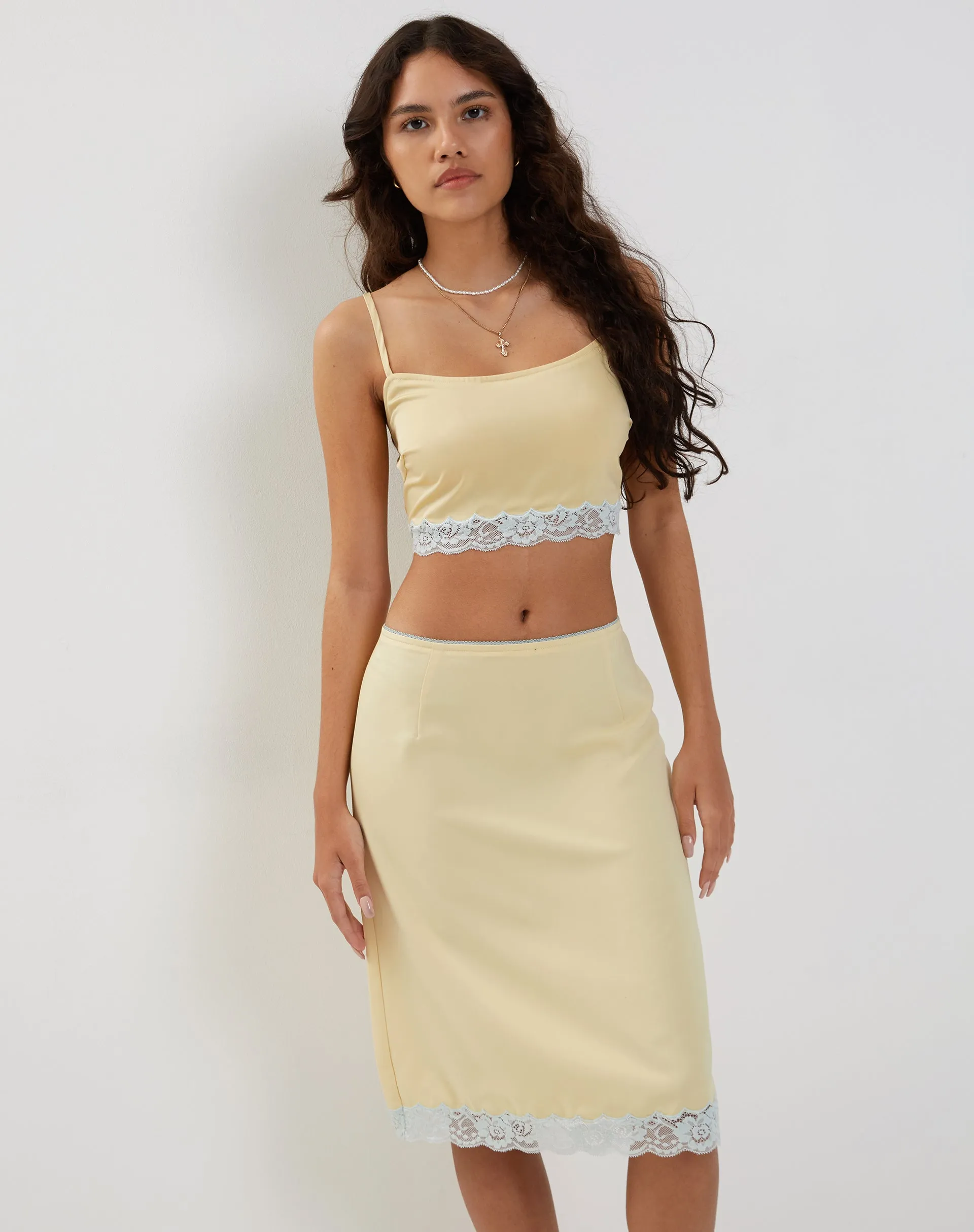 Virni Cami Crop Top in Pale Yellow Satin