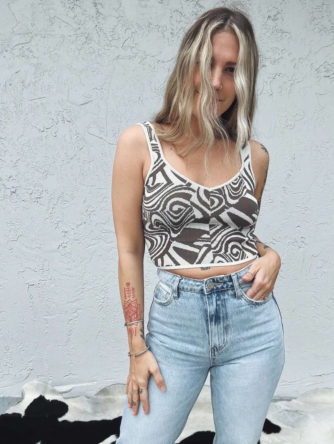 White Russian Retro Swirl Print Knit Crop Top