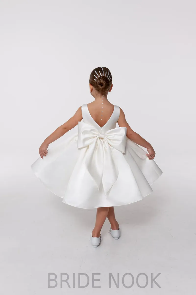 White Satin Flower Girl Dress With Big Bow Back