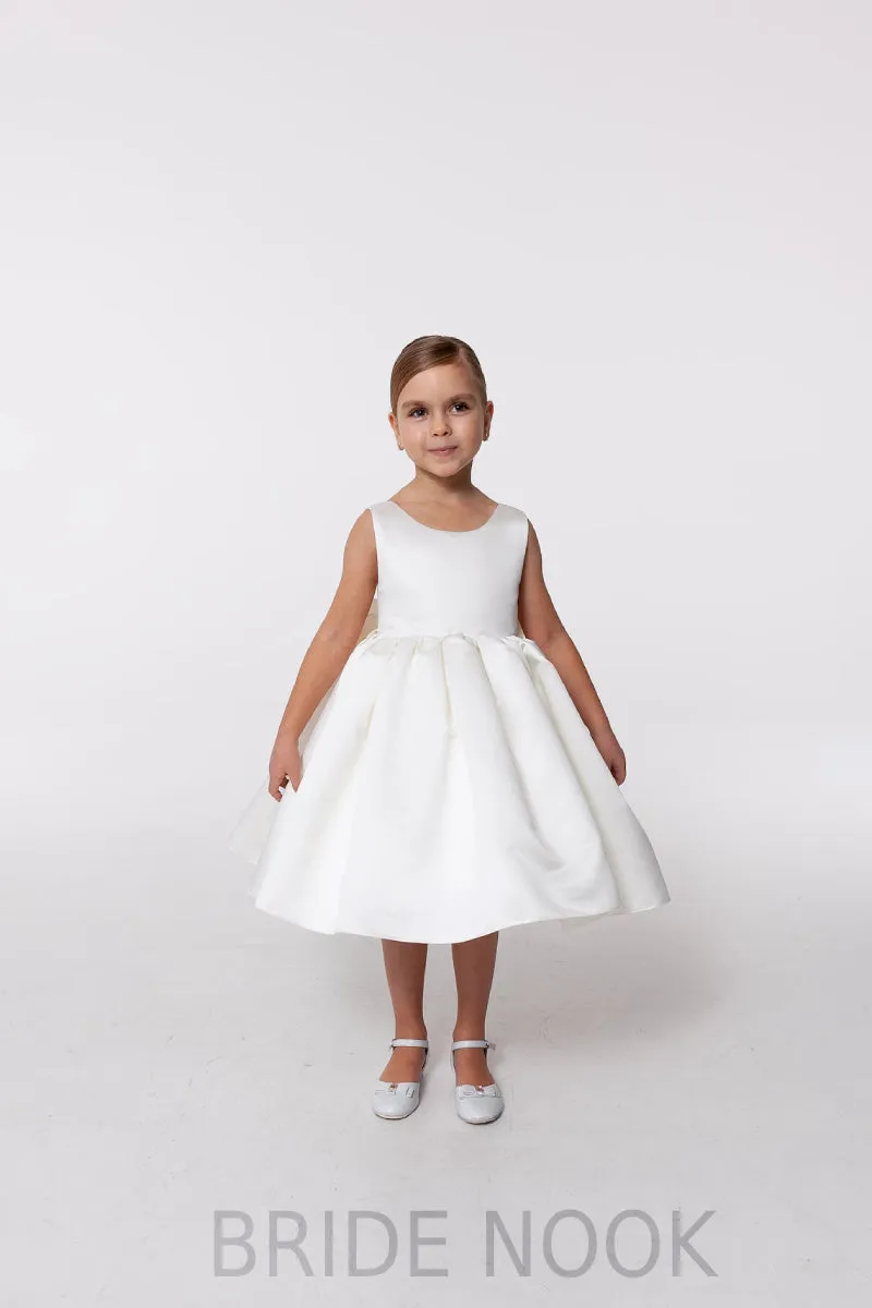 White Satin Flower Girl Dress With Big Bow Back