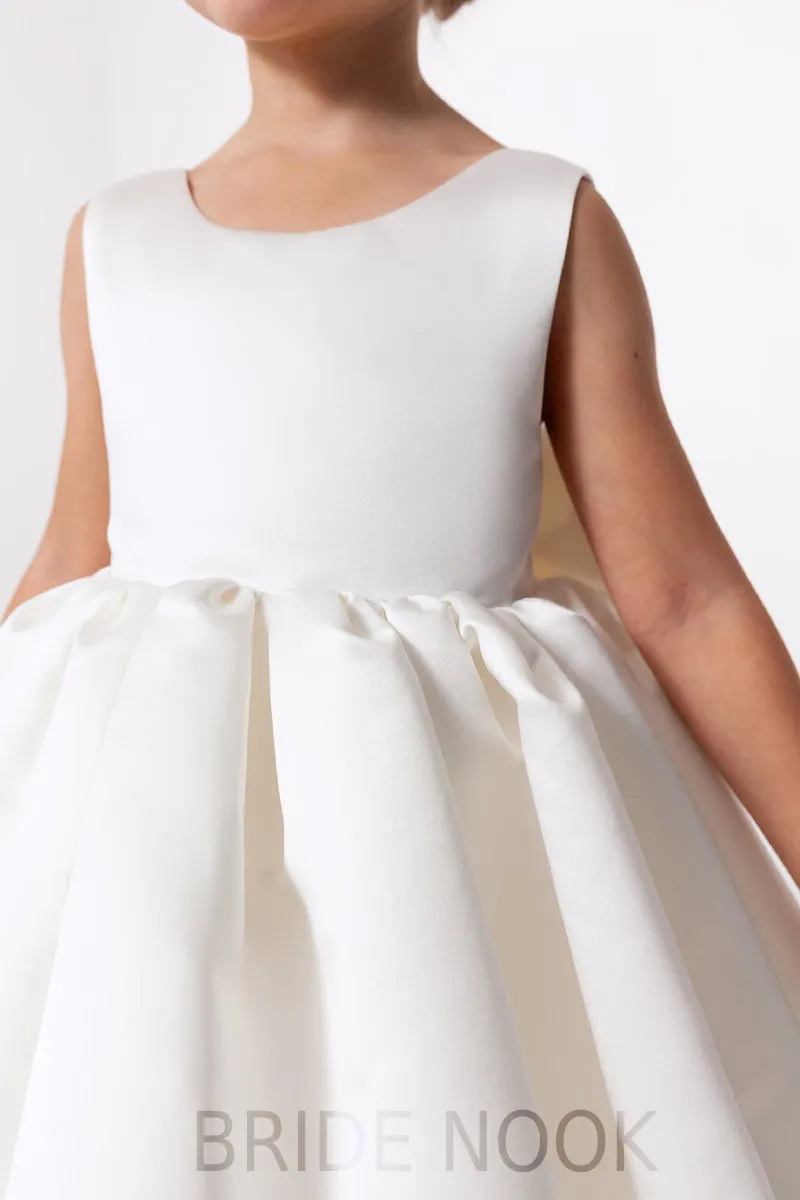 White Satin Flower Girl Dress With Big Bow Back