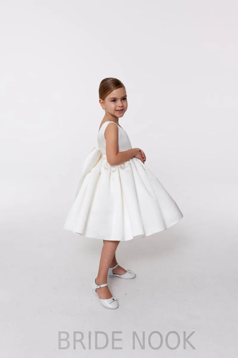 White Satin Flower Girl Dress With Big Bow Back