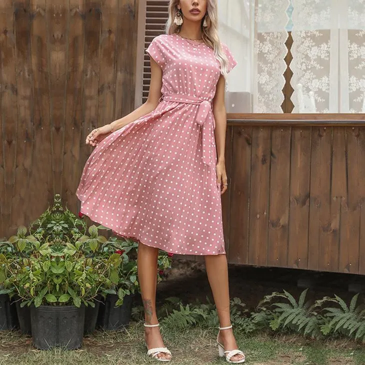 Women midi white polka dot short sleeve belt summer dresses