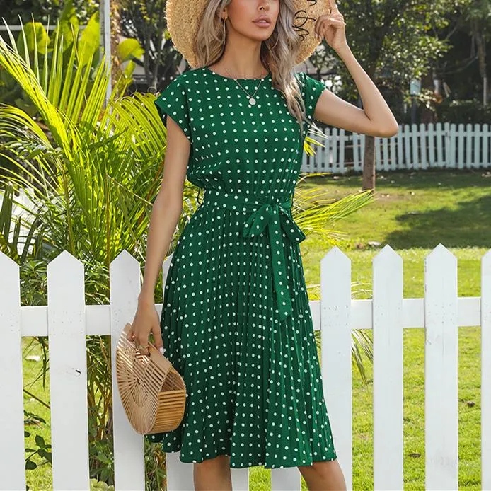 Women midi white polka dot short sleeve belt summer dresses