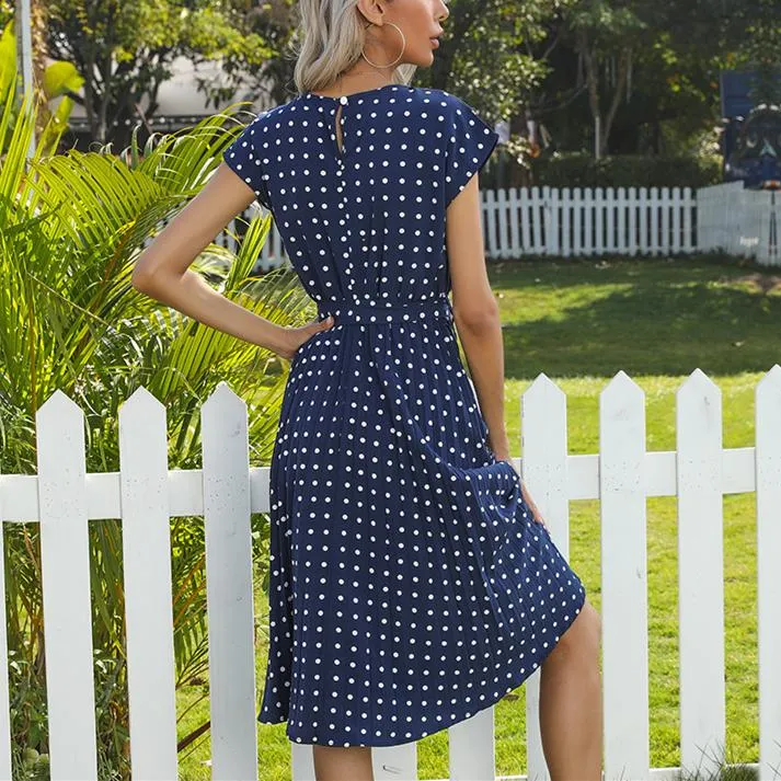 Women midi white polka dot short sleeve belt summer dresses