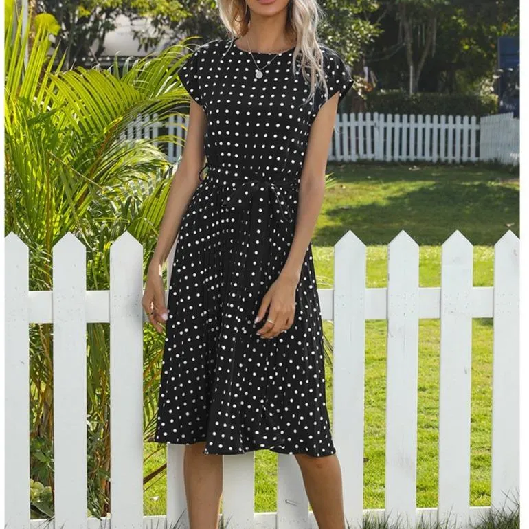 Women midi white polka dot short sleeve belt summer dresses