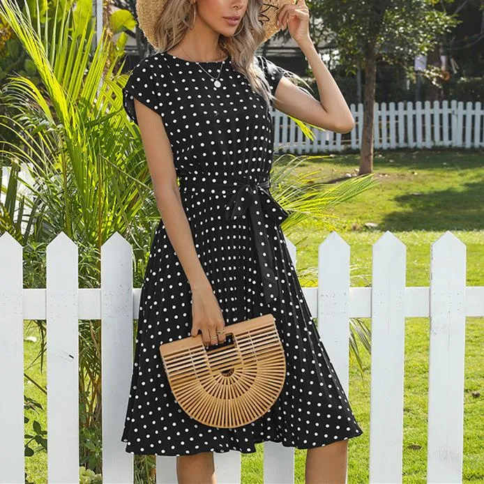 Women midi white polka dot short sleeve belt summer dresses