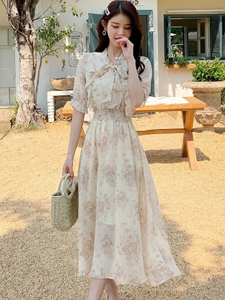 Women Pink Floral Chiffon Chic Ruffled Midi Dress Summer Fashion Short Sleeve Bow Collar Dress - WD8039