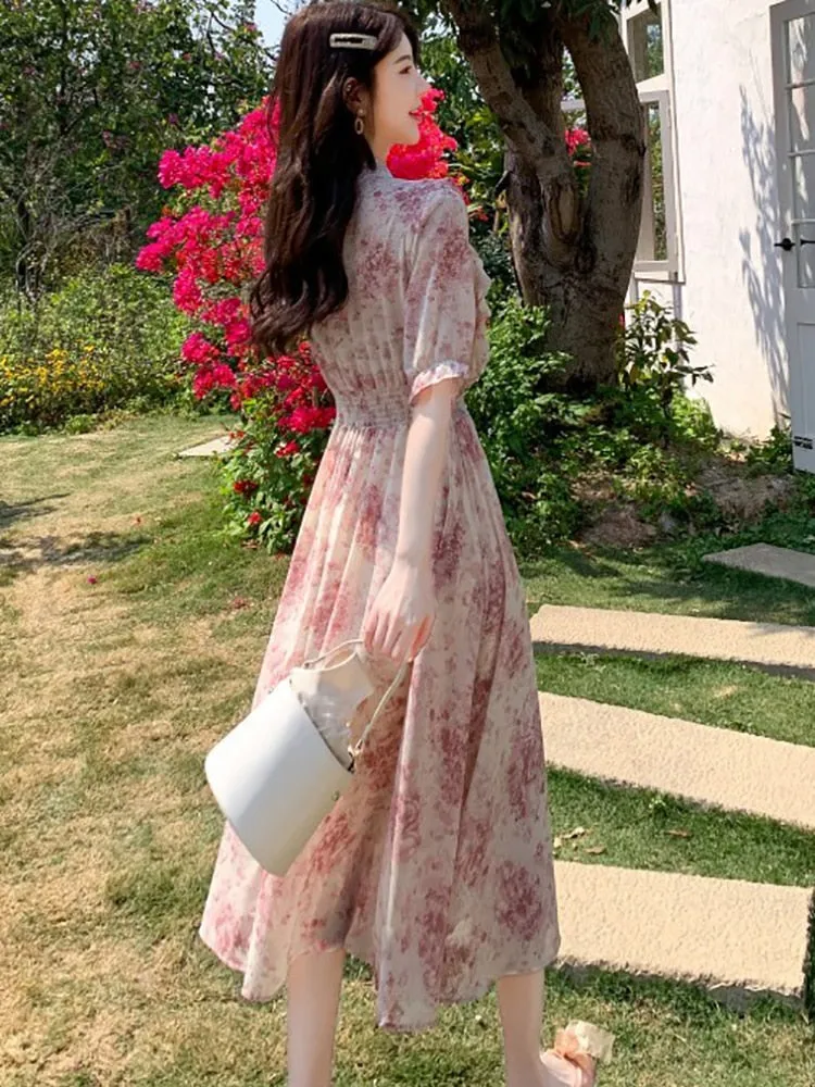 Women Pink Floral Chiffon Chic Ruffled Midi Dress Summer Fashion Short Sleeve Bow Collar Dress - WD8039