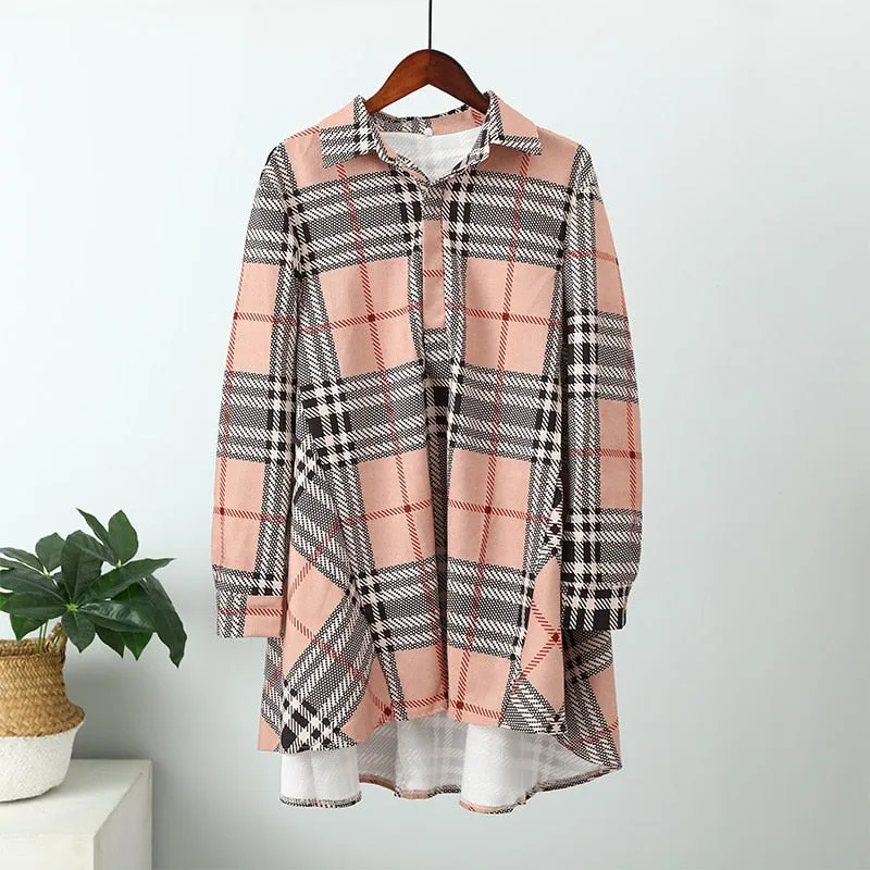 Women Shirt Dress Plaid Long-sleeve Loose Ladies Mini Dresses Oversize Irregular Single Breasted Casual