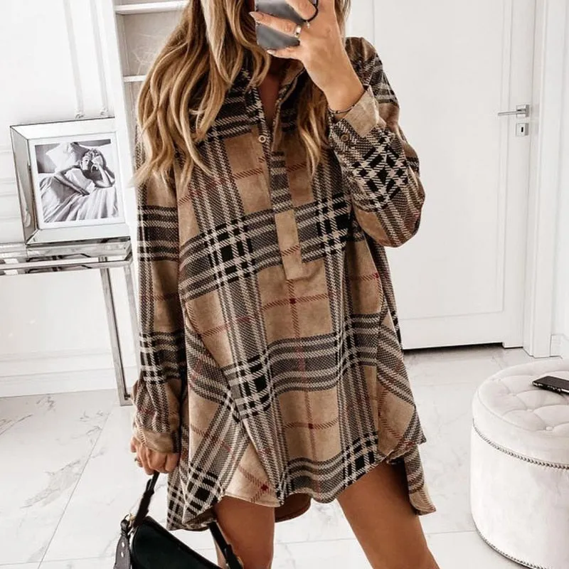 Women Shirt Dress Plaid Long-sleeve Loose Ladies Mini Dresses Oversize Irregular Single Breasted Casual