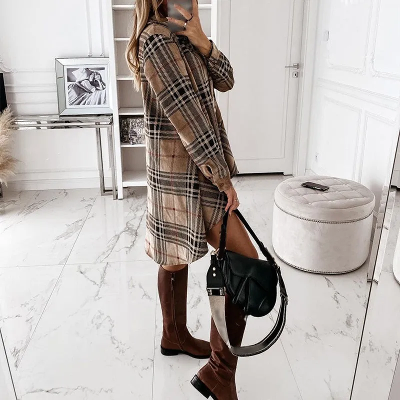 Women Shirt Dress Plaid Long-sleeve Loose Ladies Mini Dresses Oversize Irregular Single Breasted Casual