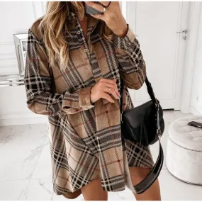 Women Shirt Dress Plaid Long-sleeve Loose Ladies Mini Dresses Oversize Irregular Single Breasted Casual