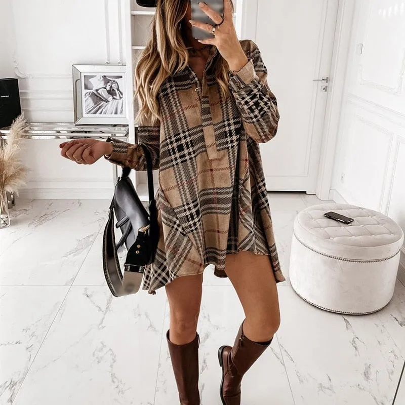 Women Shirt Dress Plaid Long-sleeve Loose Ladies Mini Dresses Oversize Irregular Single Breasted Casual