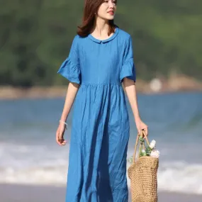 Women's Summer Dress Blue Linen Fit and Flare Dress