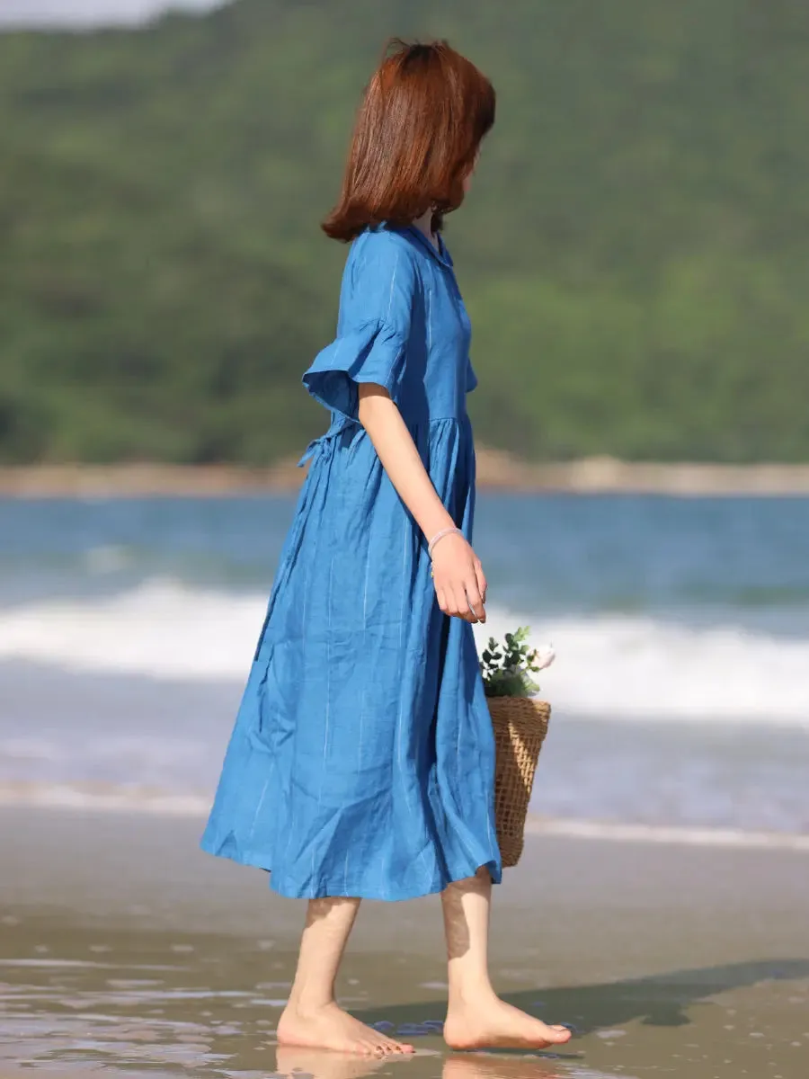 Women's Summer Dress Blue Linen Fit and Flare Dress