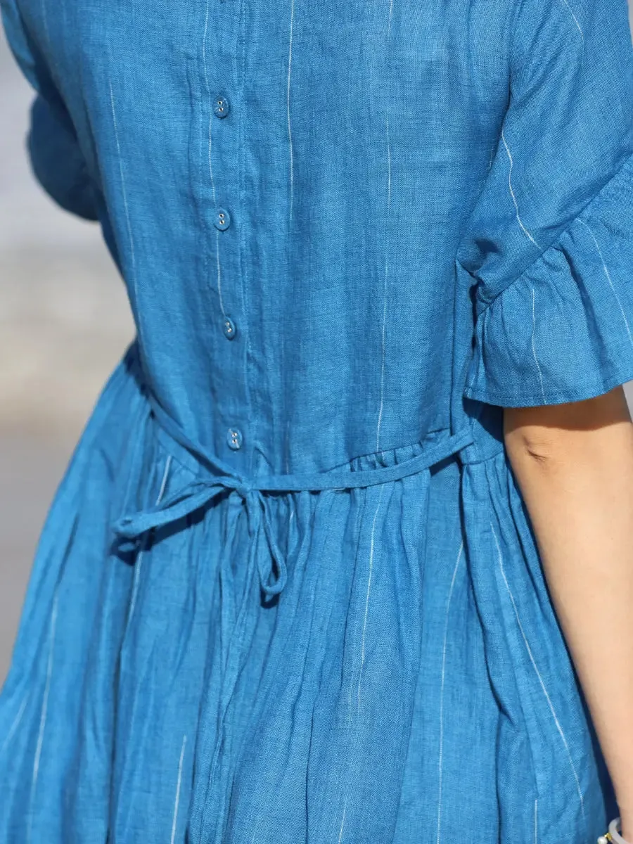 Women's Summer Dress Blue Linen Fit and Flare Dress