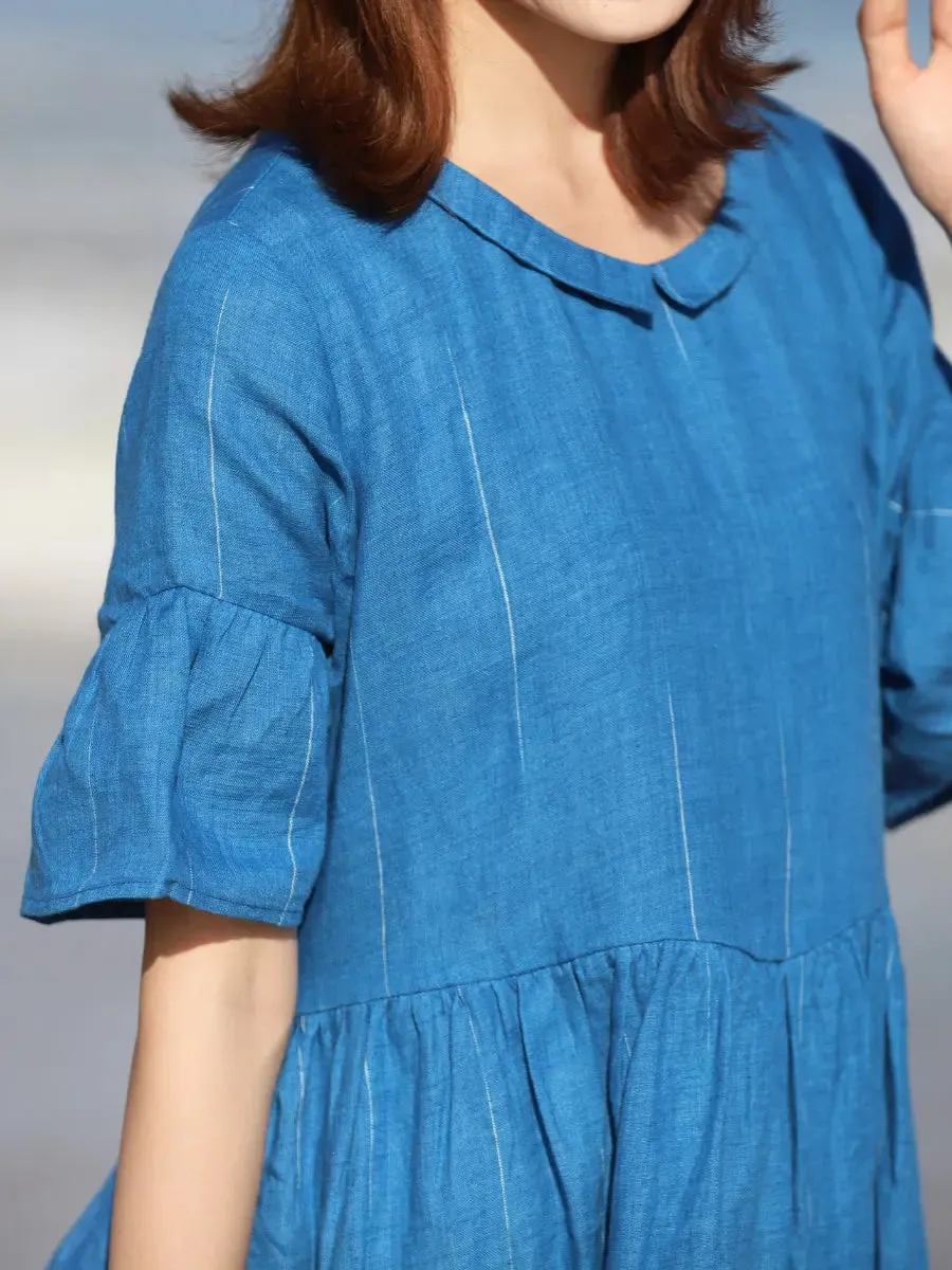 Women's Summer Dress Blue Linen Fit and Flare Dress