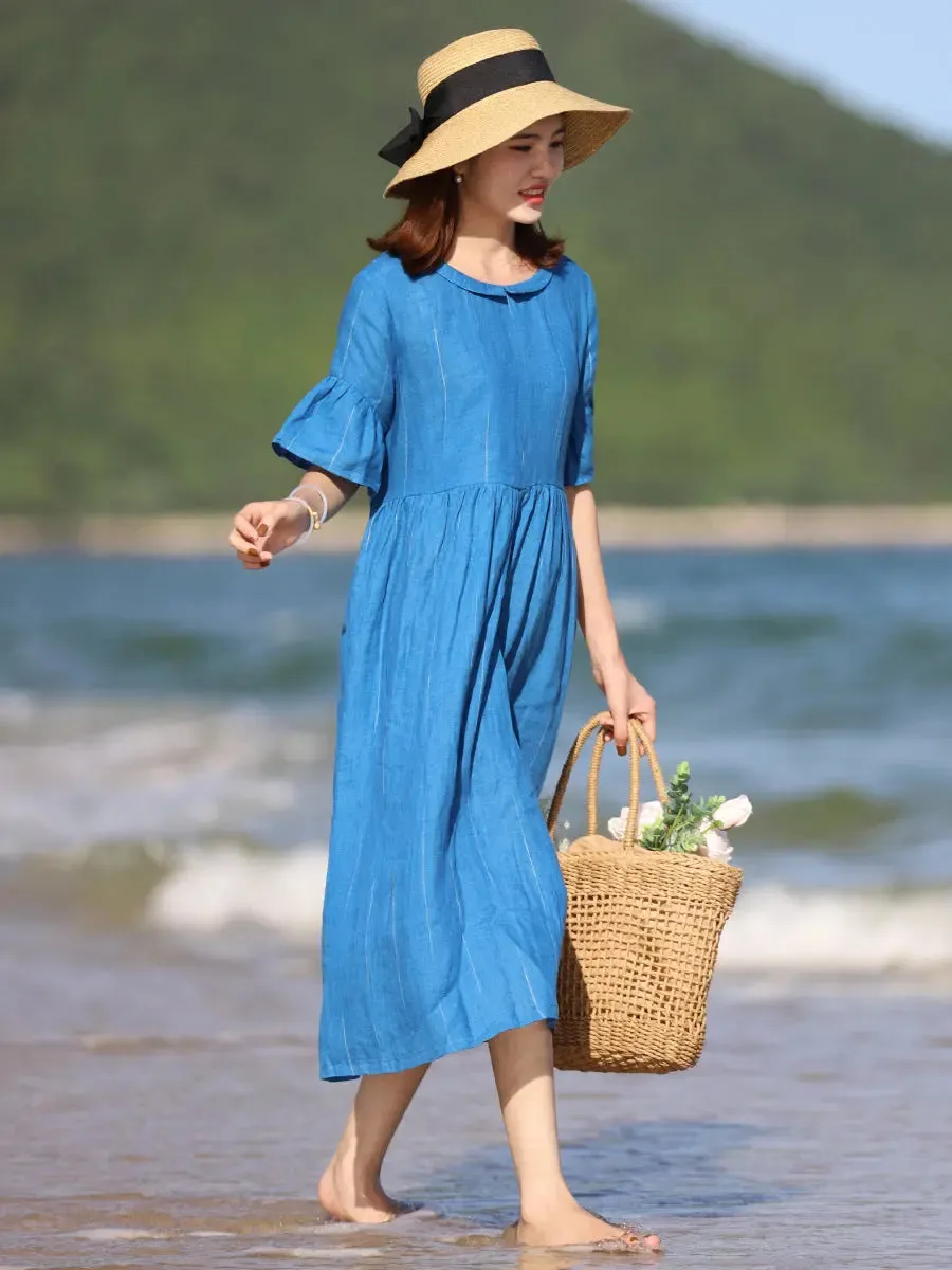 Women's Summer Dress Blue Linen Fit and Flare Dress