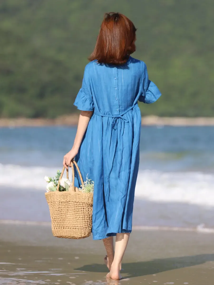 Women's Summer Dress Blue Linen Fit and Flare Dress