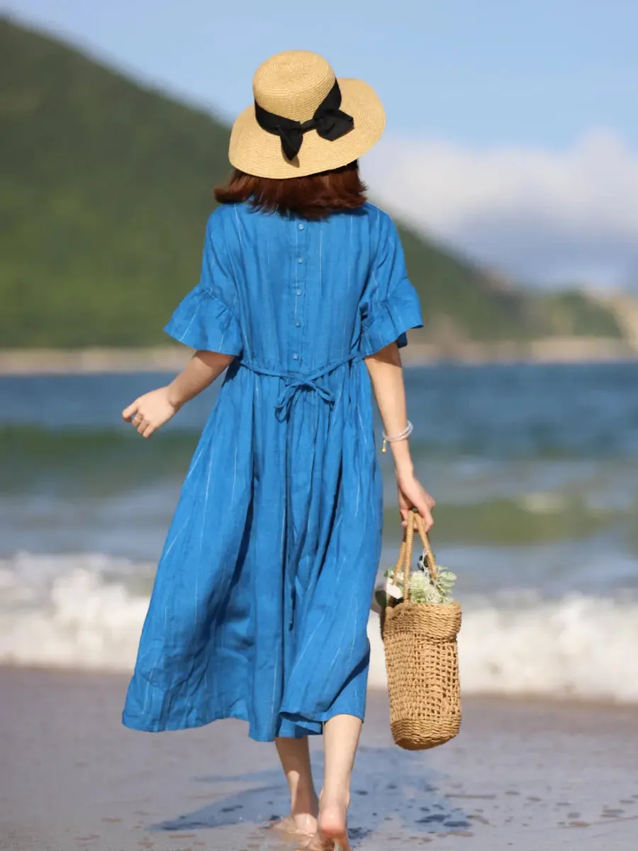 Women's Summer Dress Blue Linen Fit and Flare Dress