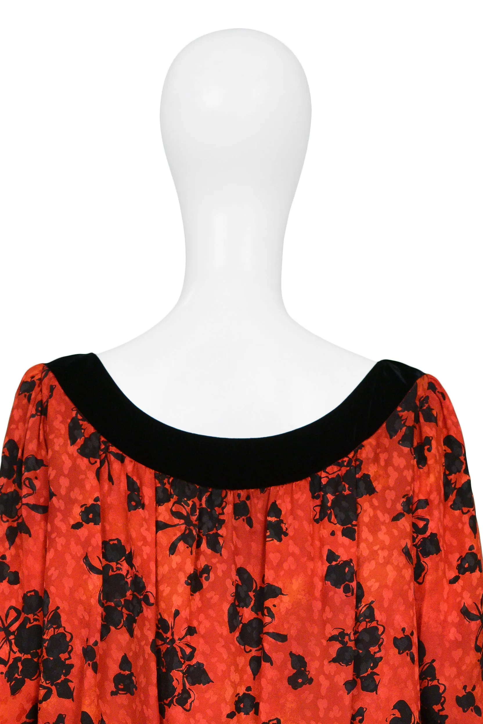 YVES SAINT LAURENT YSL RED & BLACK FLORAL PRINT DROP DRESS 1980s