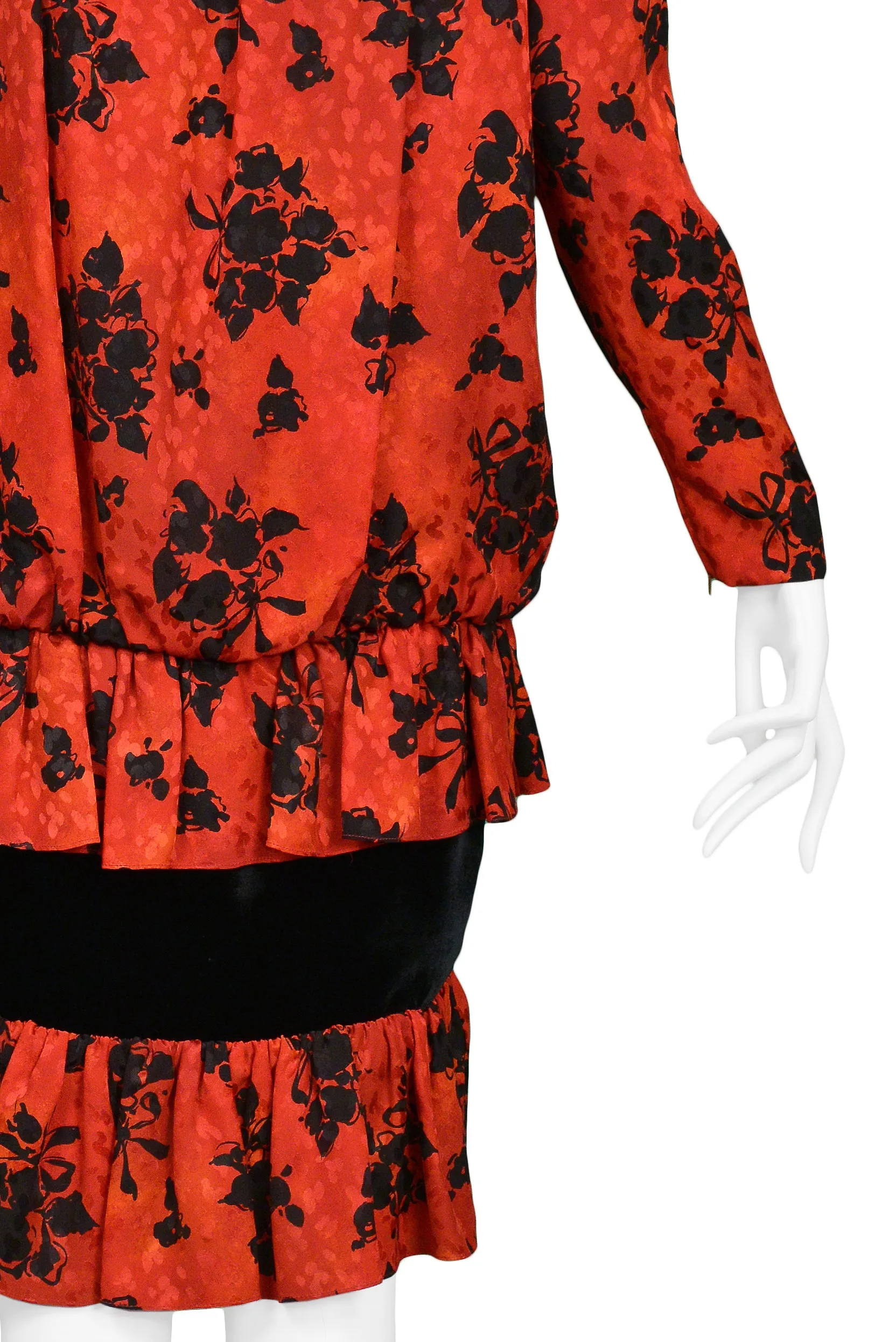 YVES SAINT LAURENT YSL RED & BLACK FLORAL PRINT DROP DRESS 1980s