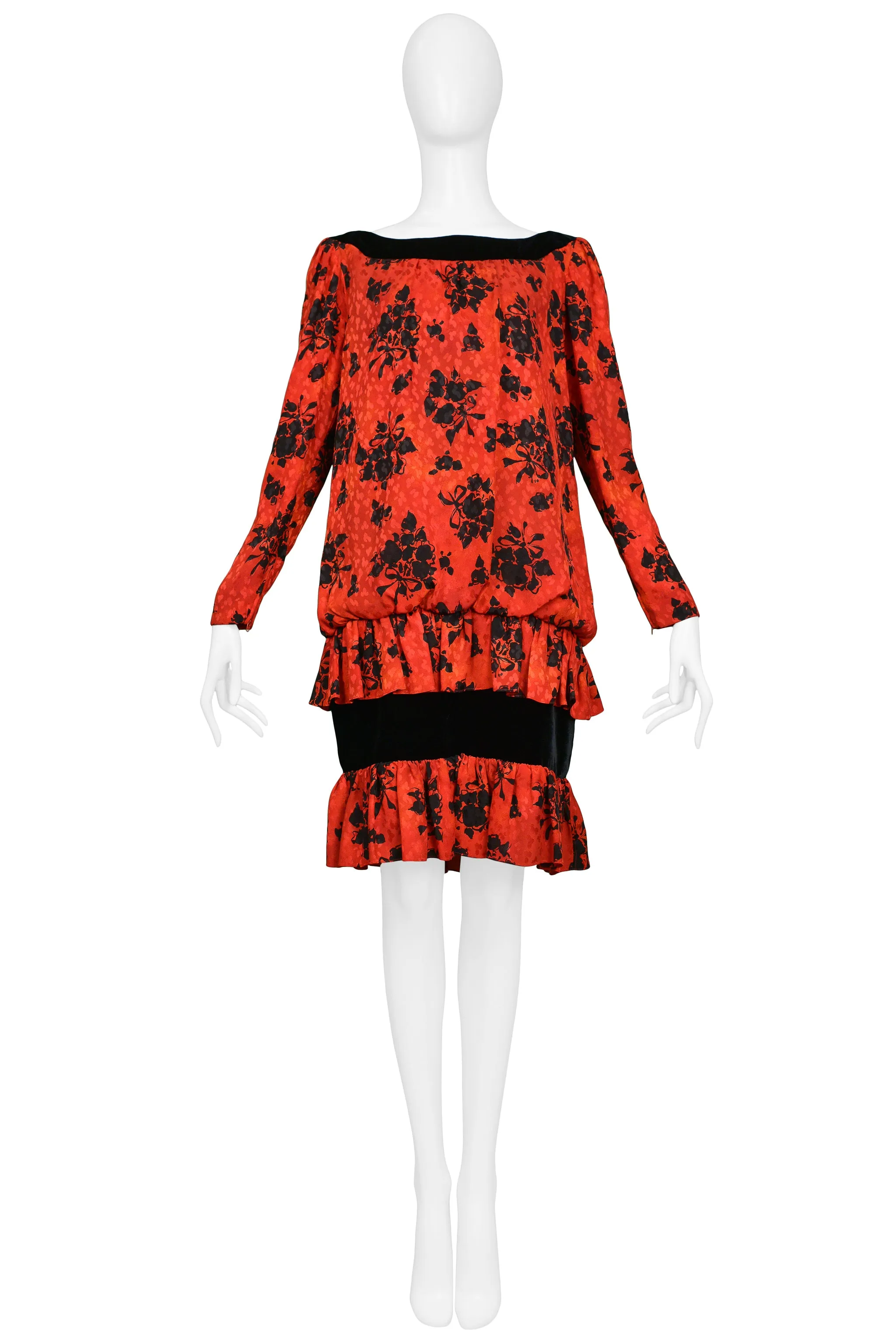 YVES SAINT LAURENT YSL RED & BLACK FLORAL PRINT DROP DRESS 1980s