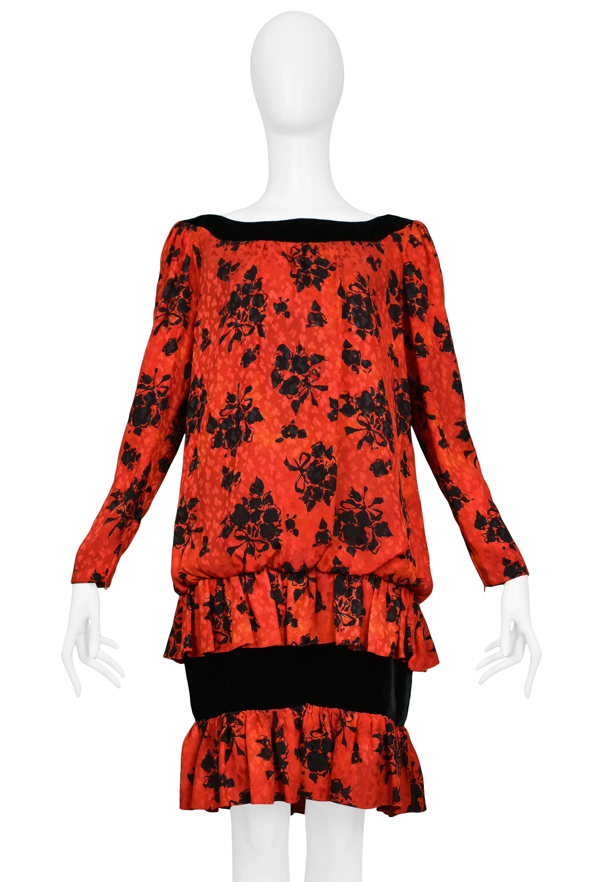 YVES SAINT LAURENT YSL RED & BLACK FLORAL PRINT DROP DRESS 1980s