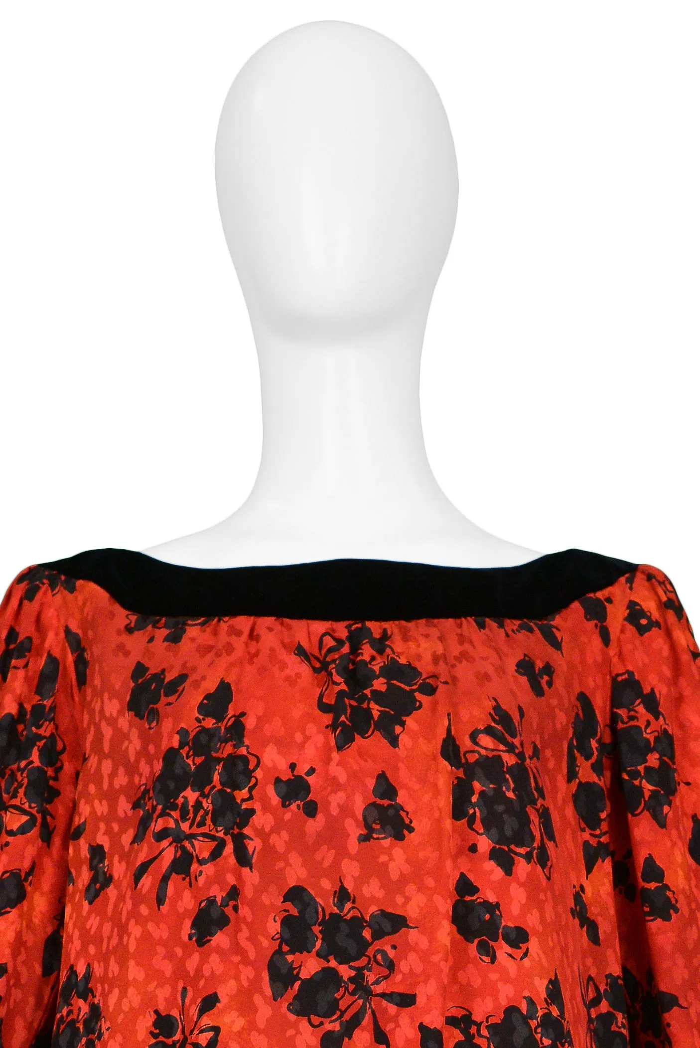 YVES SAINT LAURENT YSL RED & BLACK FLORAL PRINT DROP DRESS 1980s