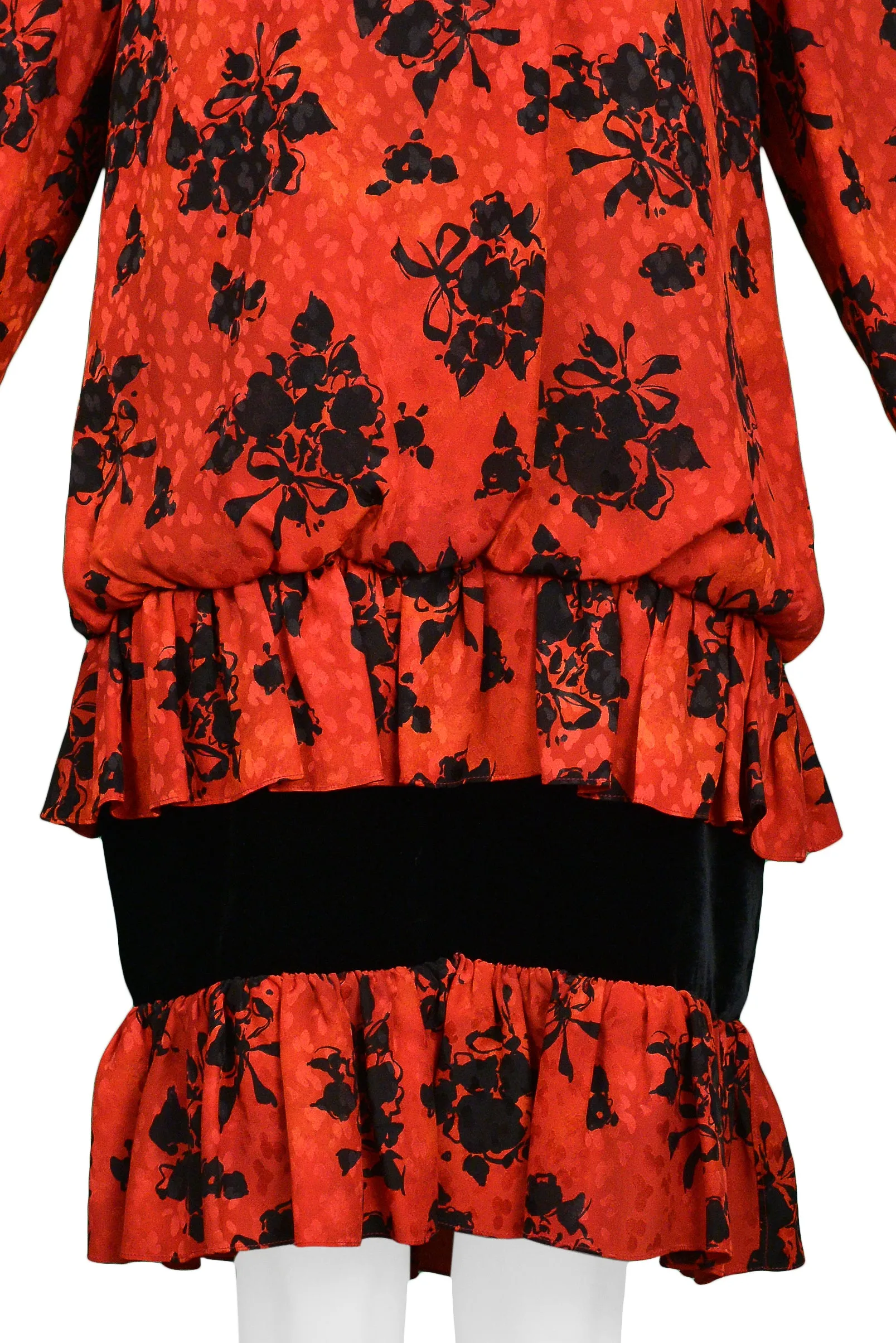 YVES SAINT LAURENT YSL RED & BLACK FLORAL PRINT DROP DRESS 1980s