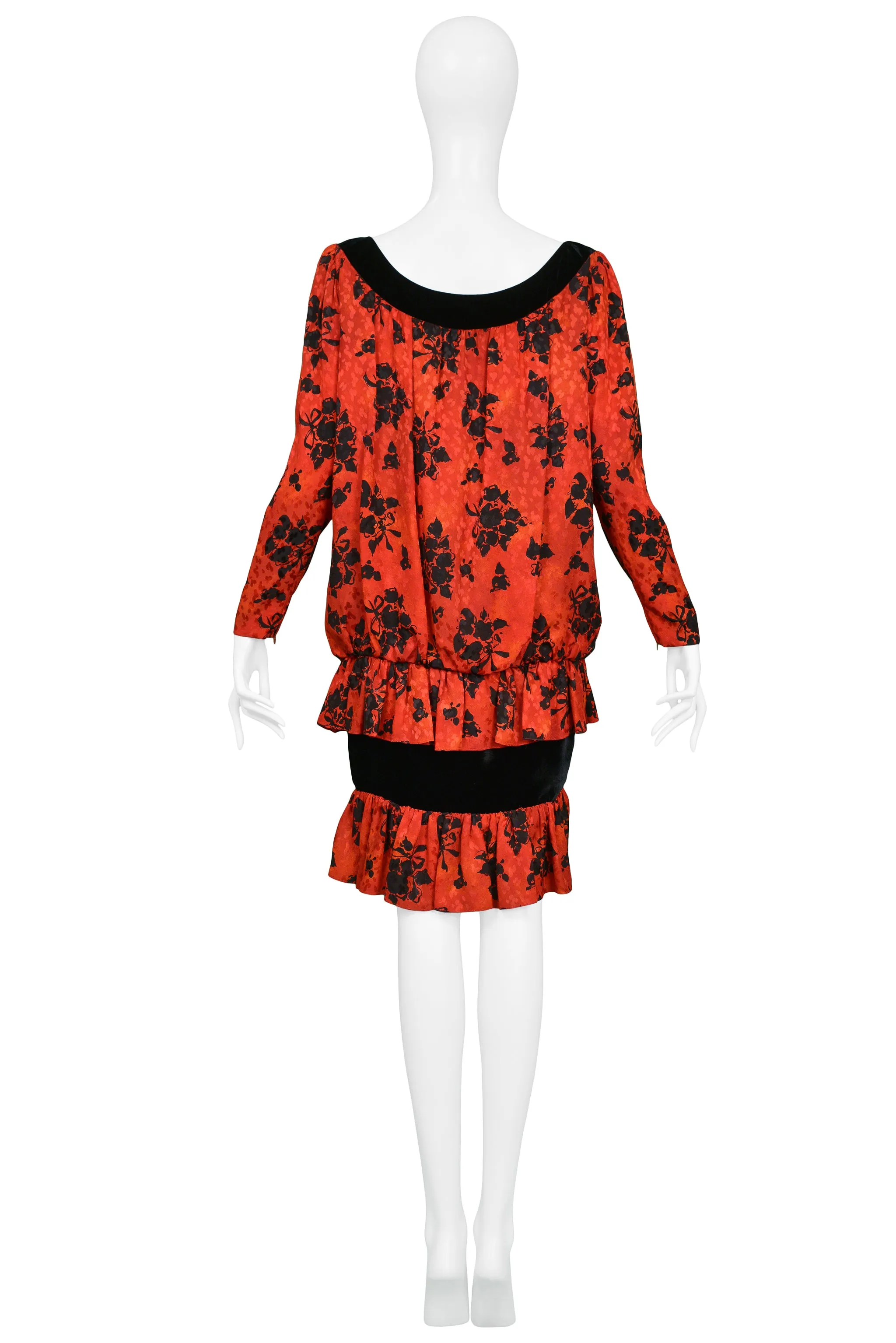 YVES SAINT LAURENT YSL RED & BLACK FLORAL PRINT DROP DRESS 1980s